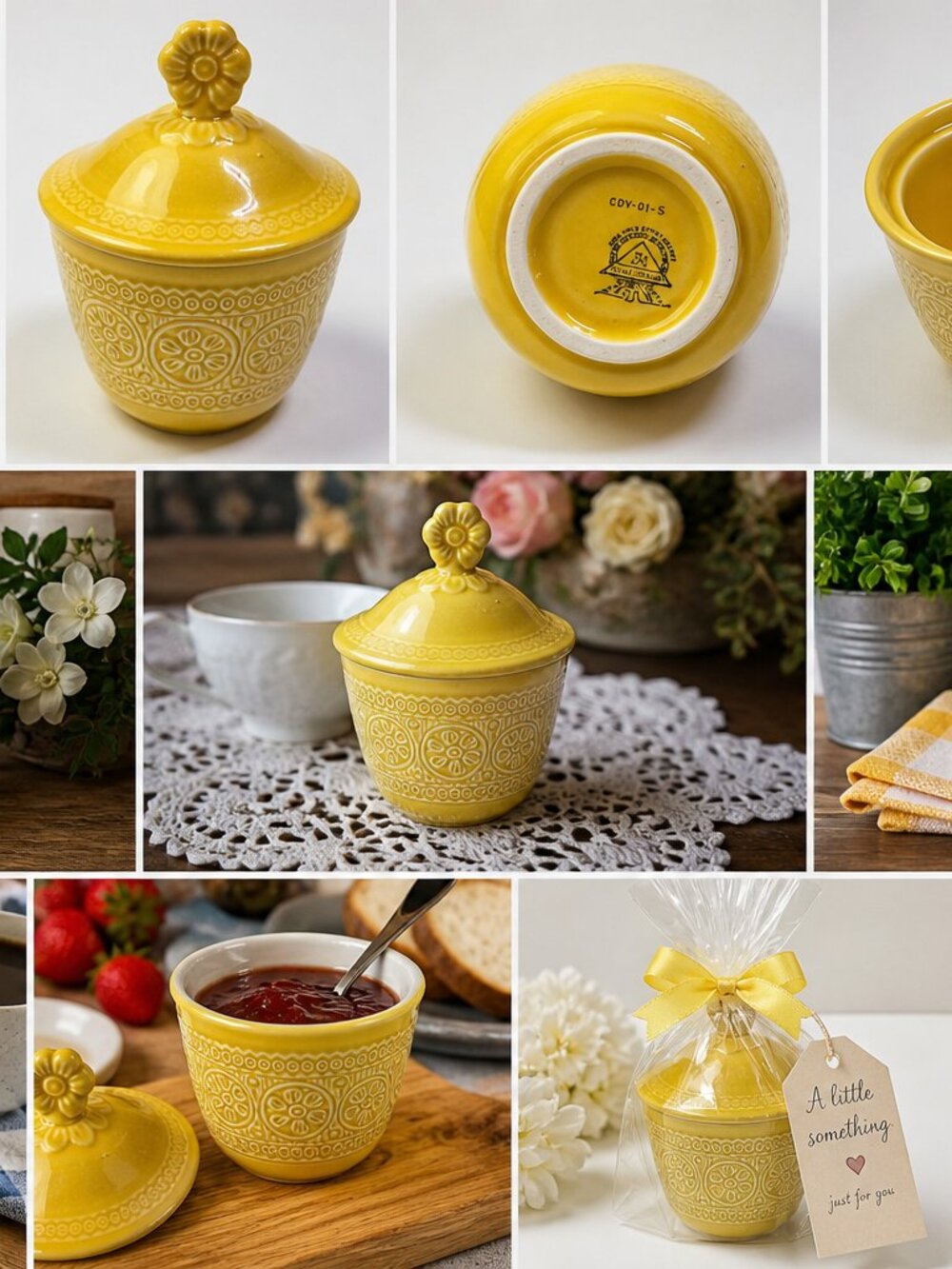 CDV-01-Vintage Yellow Covered Dish Sugar Bowl Farmhouse Kitchen Retro Ceramic De